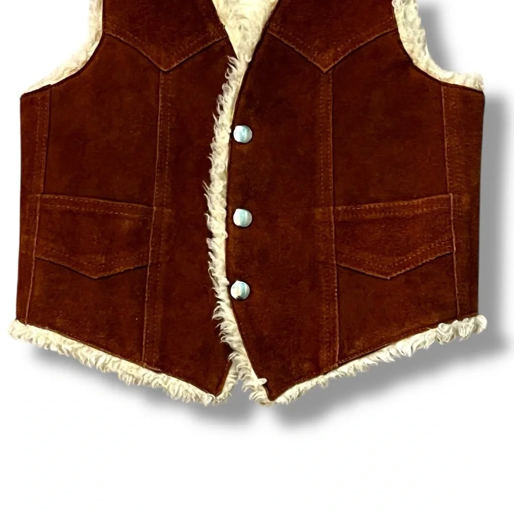 KIDS Suede Western Vest Faux Shearling Snaps Pockets Rodeo Cowboy Unisex Large